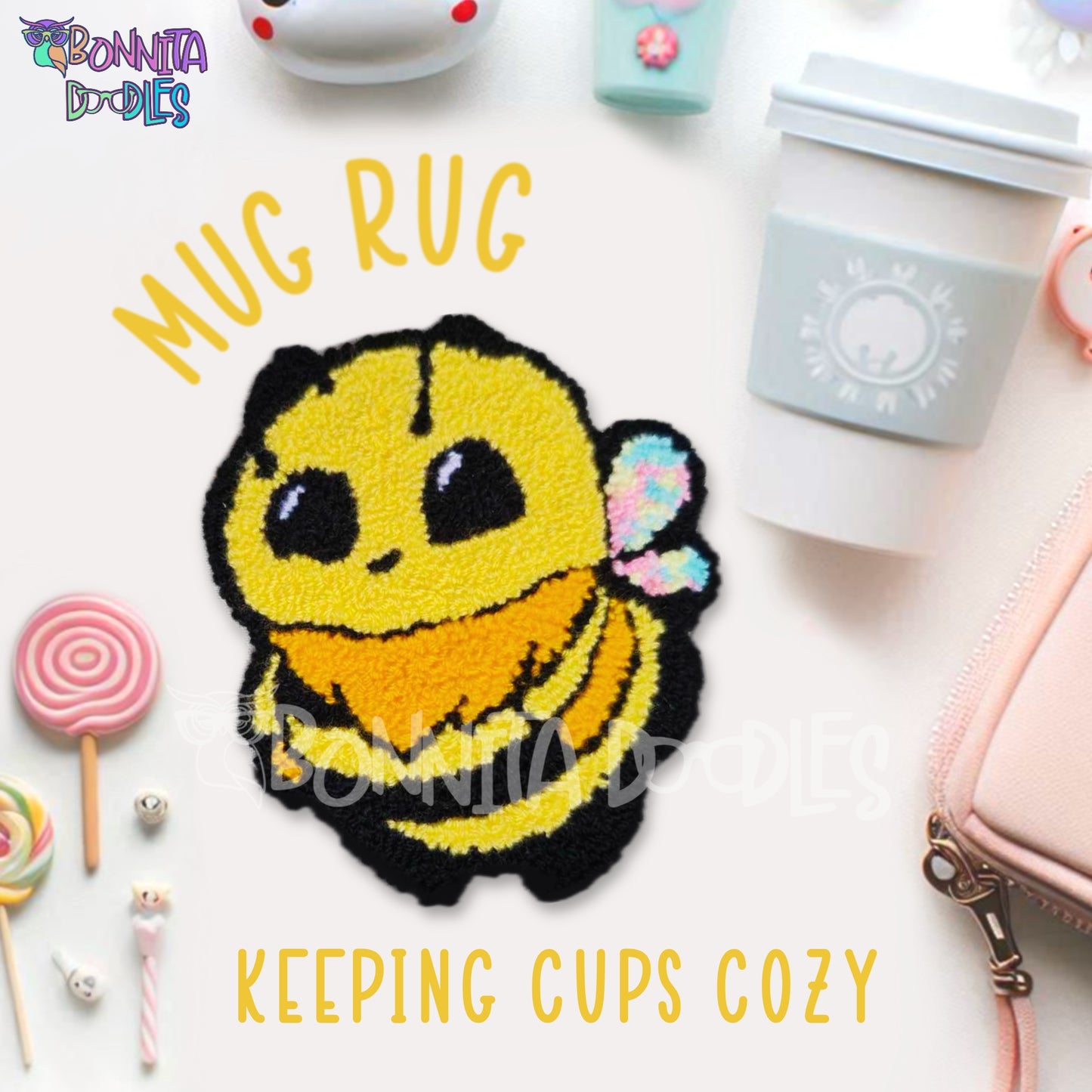 Bee's for Brain Bee Mug Rug - UV Reactive - Made to order