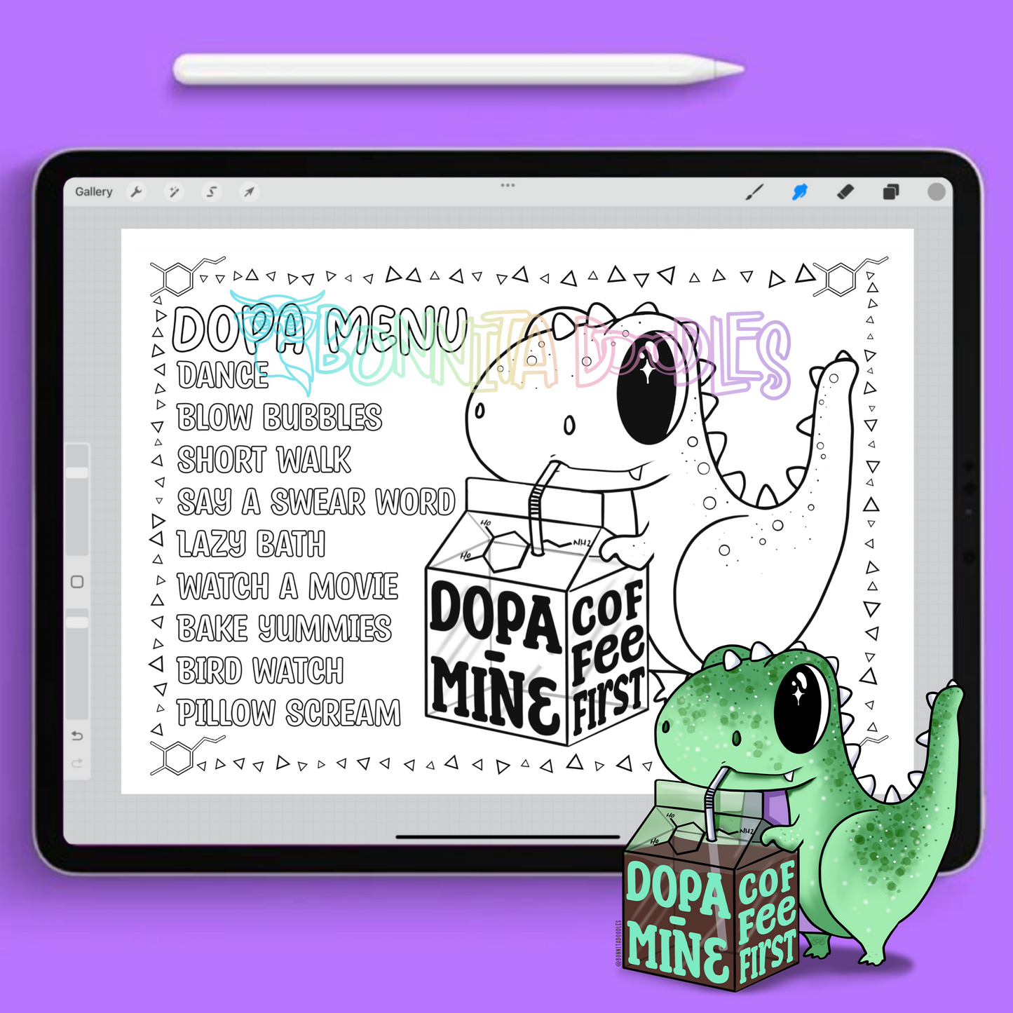 Dopamine colouring page with a list of feel good, dopamine items and a coffee first dopa-mine dinosaur. ADHD colouring sheet