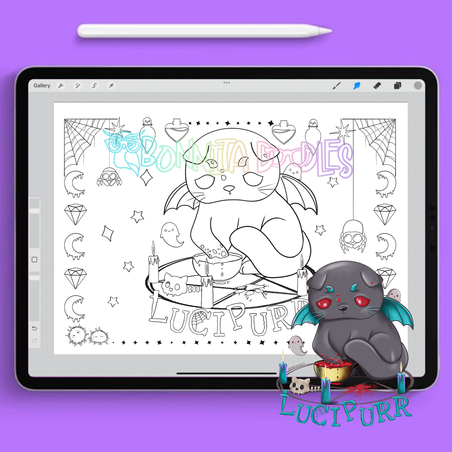 Lucipurr cat colouring sheet from Bonnita Doodles, shown with the full colour inspiration for creative colouring