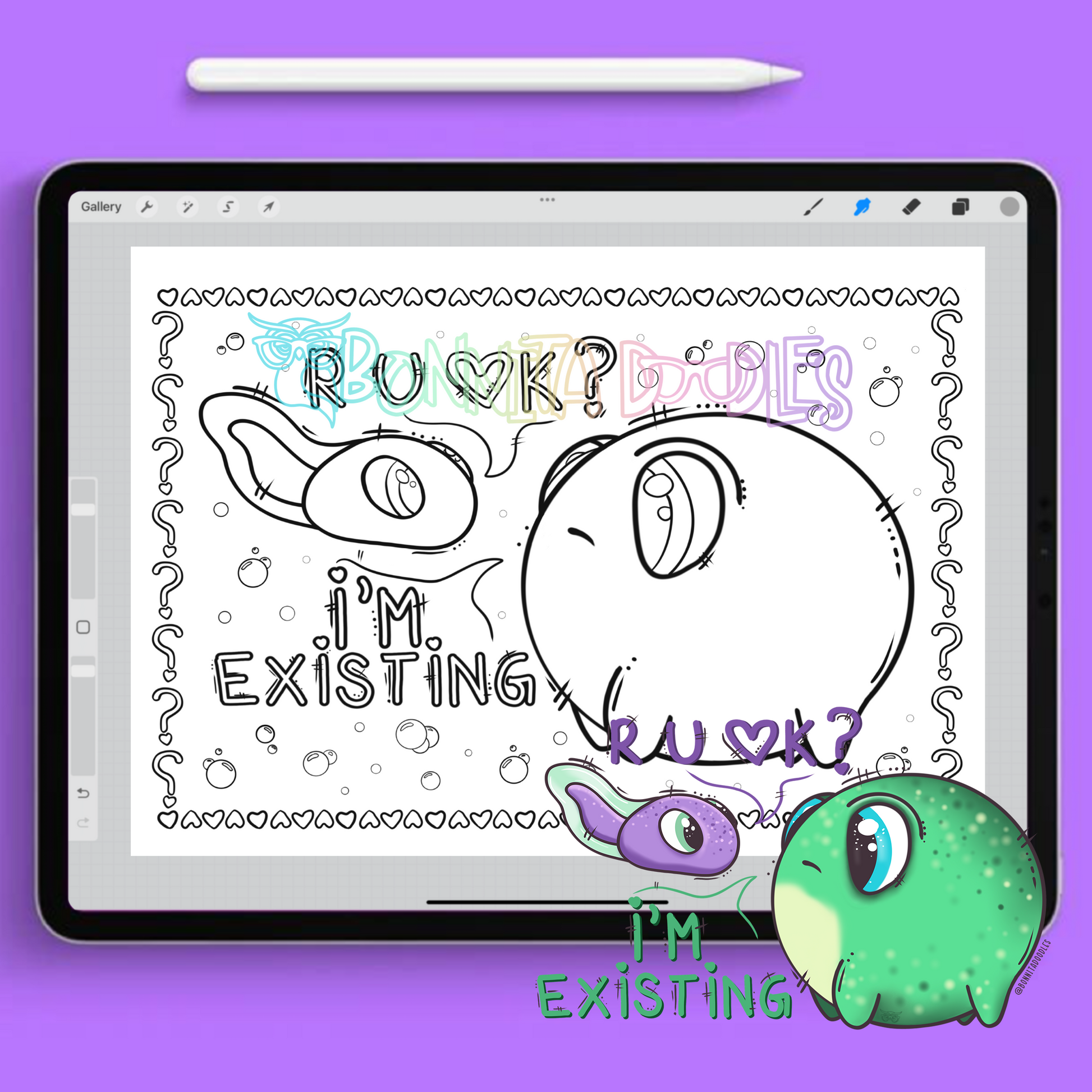 Mental health colouring sheet on a tablet with the full colour character in front. Tadpole asking 'R U Ok?' and the frog responding 'I'm existing'