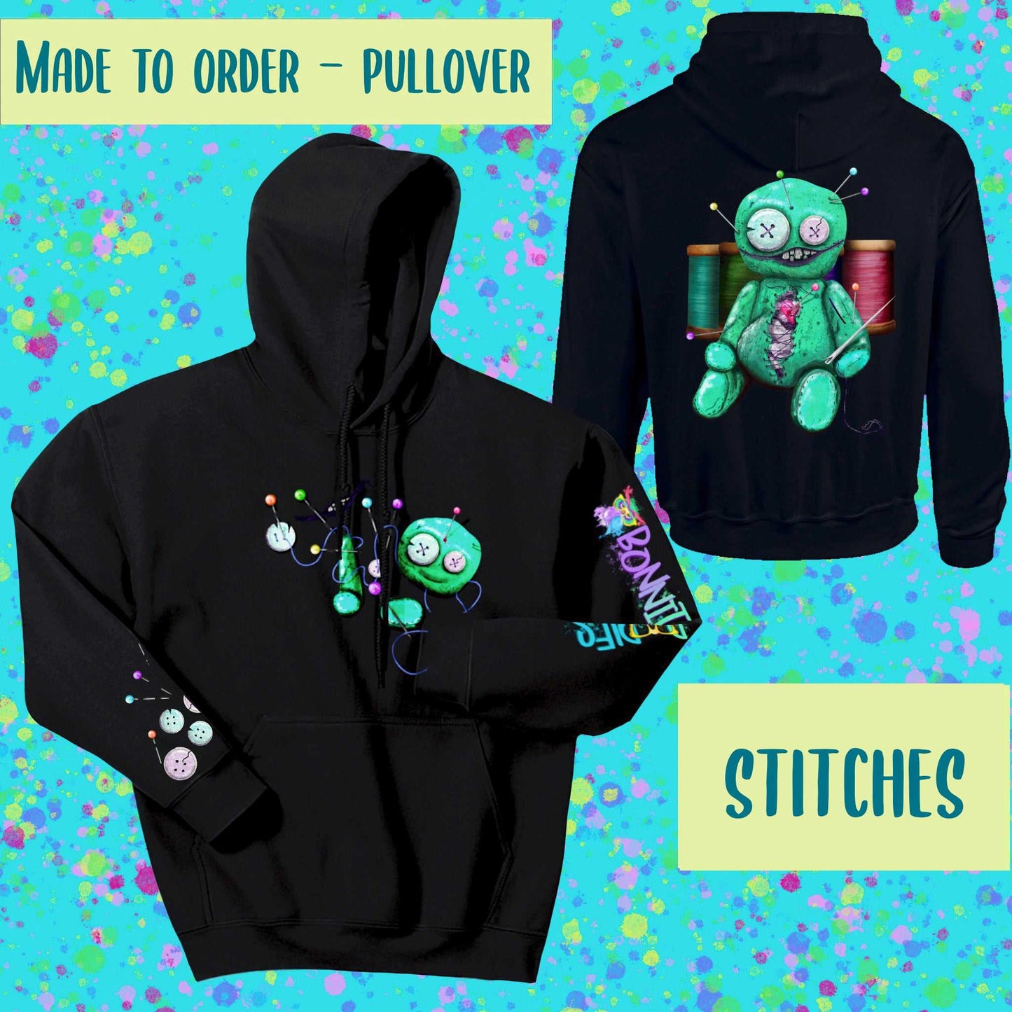 Stitches Voodoo doll unisex Pullover hoodie black ~ made to order