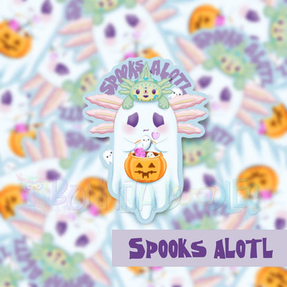 Spooky Axolotl - trick or treat vinyl sticker / print