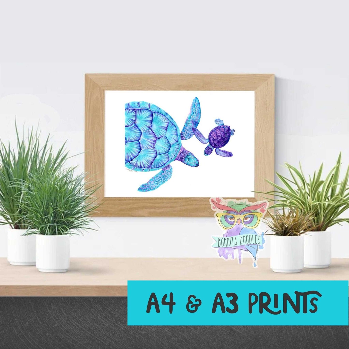 Sea turtle, mummy & baby - Sapphire Series. Home art print